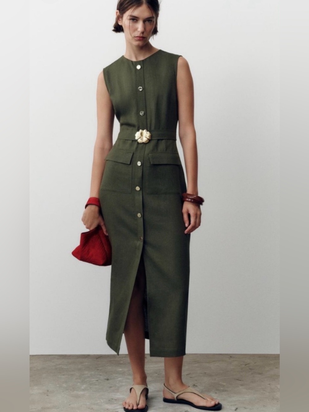 Zara Linen Blend Belted Midi Dressaslee else’s Green Khaki Golden Appliqué Butt